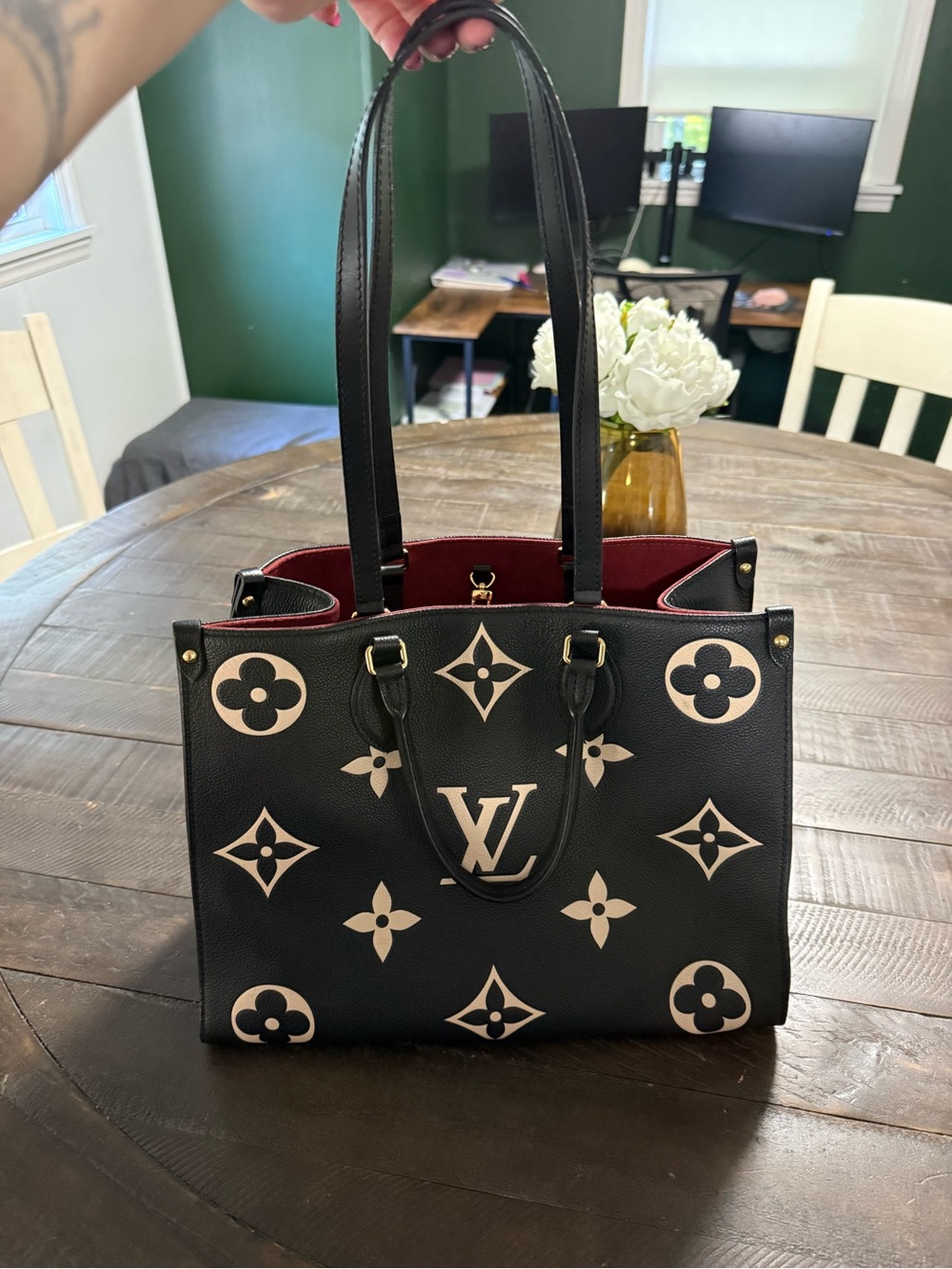 Louis Vuitton Black Tote with Cream Monogram and Red Interior